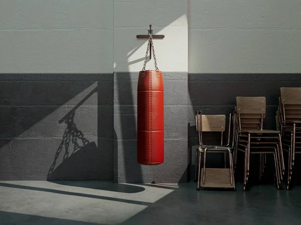 Red Leather Punching Bag Mounted Wall Room Stacked Chairs Lit — Stok fotoğraf