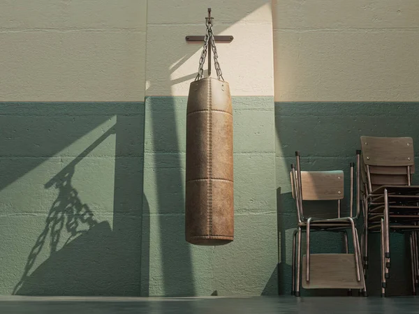 Old Vintage Leather Punching Bag Mounted Green Wall Room Stacked — Stok fotoğraf