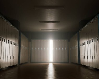 Loş aydınlatılmış, ahşap döşemeli bir soyunma odasında, açık bir dolaptan çıkan ışık.