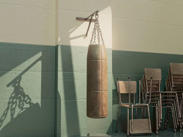 Old Vintage Leather Punching Bag Mounted Green Wall Room Stacked — Stok fotoğraf