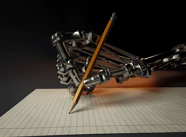 Mechanical Robotic Metal Hand Drawing Writing Pencil Blank White Paper —  Fotos de Stock