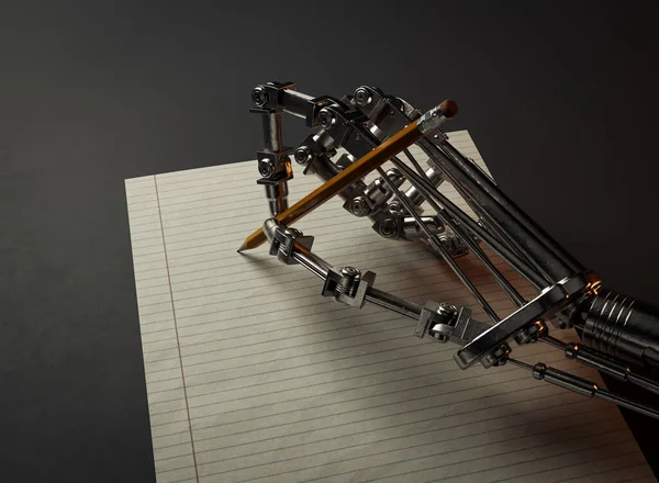 A mechanical robotic metal hand drawing or writing with a pencil on a blank white paper on a dark background - 3D render