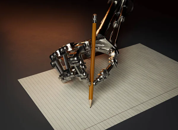 Mechanical Robotic Metal Hand Drawing Writing Pencil Blank White Paper — Foto de Stock