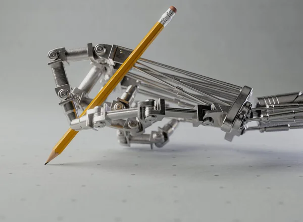 Een Mechanische Robotmetaal Handtekening Schrijven Met Een Potlood Een Blanco — Stockfoto