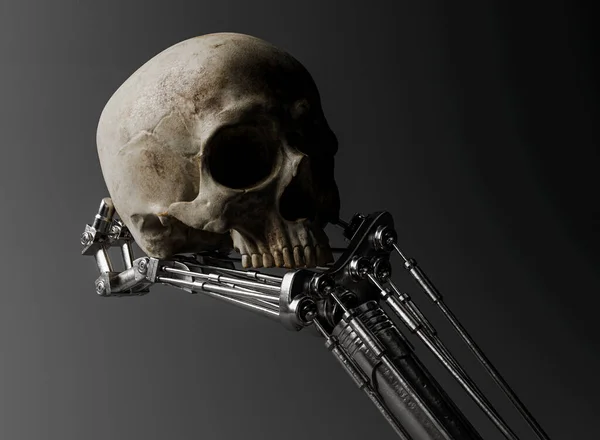 Futuristic Concept Mechanical Robotic Metal Hand Holding Analyzing Human Skull — Photo