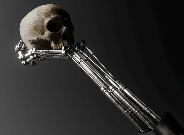 Futuristic Concept Mechanical Robotic Metal Hand Holding Analyzing Human Skull — Stockfoto