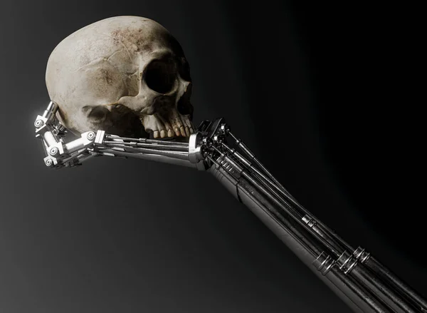 Futuristic Concept Mechanical Robotic Metal Hand Holding Analyzing Human Skull — Foto de Stock