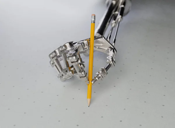 Механічний Малюнок Роботизованої Металевої Руки Або Написання Олівцем Порожньому Білому Стокова Картинка