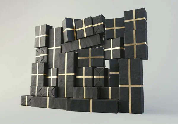 Стіна Прямокутними Подарунковими Коробками Різного Розміру Загорнута Чорну Подарункову Обгортку — стокове фото