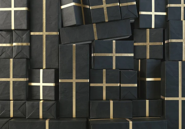 Stacked Wall Different Sized Rectangular Gift Boxes Wrapped Black Gift — 图库照片