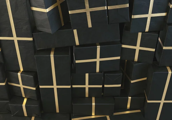 Stacked Wall Different Sized Rectangular Gift Boxes Wrapped Black Gift — ストック写真