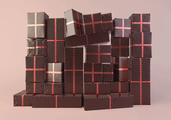 Stacked Wall Different Sized Rectangular Gift Boxes Wrapped Polka Dot — Φωτογραφία Αρχείου