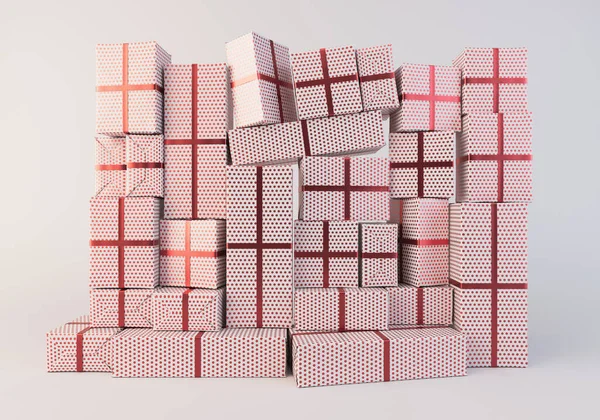 Stacked Wall Different Sized Rectangular Gift Boxes Wrapped Polka Dot — Stockfoto
