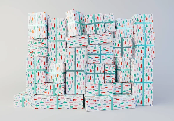Stacked Wall Different Sized Rectangular Gift Boxes Wrapped Christmas Tree — Stok fotoğraf