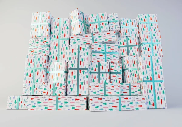 Stacked Wall Different Sized Rectangular Gift Boxes Wrapped Christmas Tree — Stockfoto
