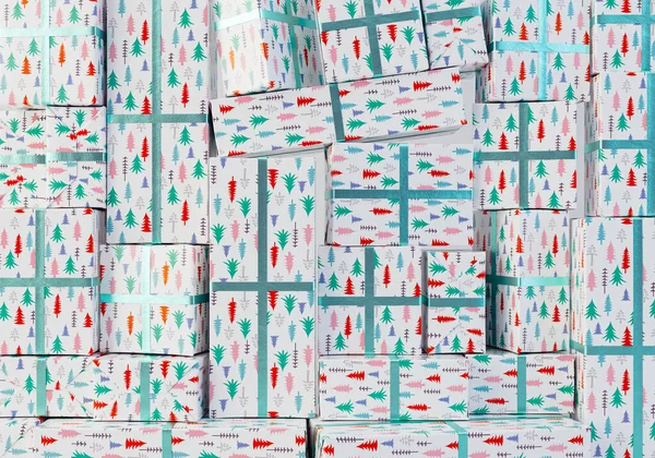 Stacked Wall Different Sized Rectangular Gift Boxes Wrapped Christmas Tree — Fotografia de Stock