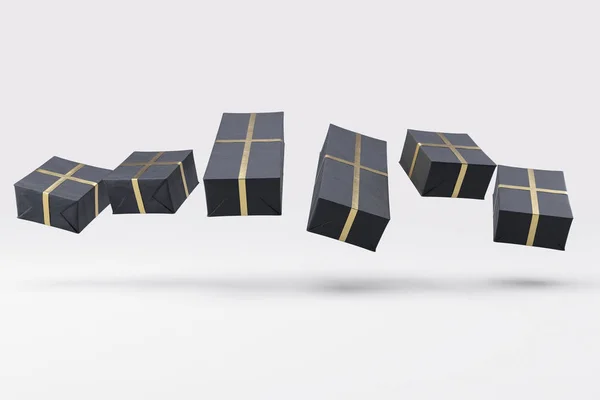 Floating Collection Different Sized Rectangular Gift Boxes Wrapped Black Gift — ストック写真