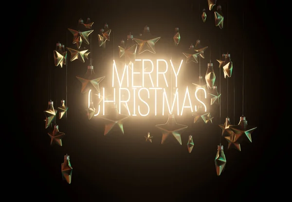 Collection Silver Christmas Star Shaped Decorations Surrounding Illuminated Neon Sign — Fotografia de Stock