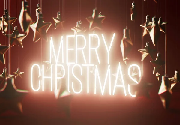 Collection Silver Christmas Star Shaped Decorations Surrounding Illuminated Neon Sign — Fotografia de Stock