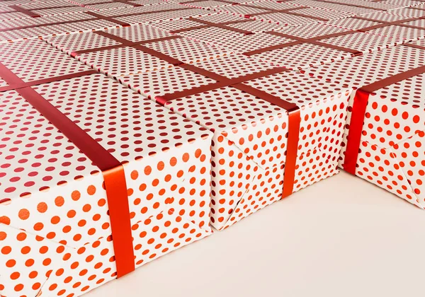 Колекція Прямокутних Подарункових Коробок Різного Розміру Загорнута Червоний Подарунковий Папір — стокове фото