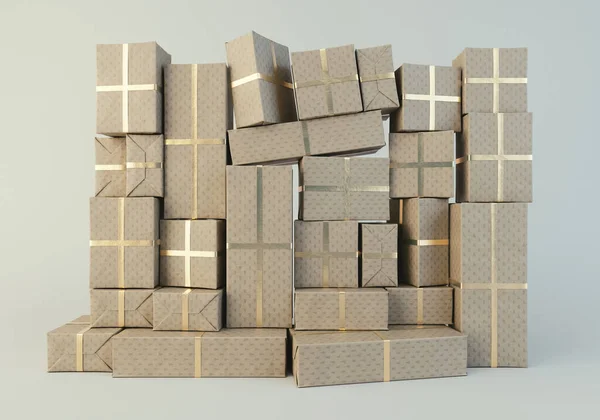 Ένας Στοιβαγμένος Τοίχος Από Ορθογώνια Κουτιά Δώρου Διαφορετικού Μεγέθους Τυλιγμένα — Φωτογραφία Αρχείου