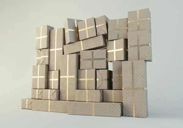 Stacked Wall Different Sized Rectangular Gift Boxes Wrapped Festive Gift — Zdjęcie stockowe