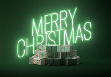 A pile of different sized rectangular gift boxes wrapped in festive gift wrap backlit by an illuminated green neon sign saying merry christmas - 3D render