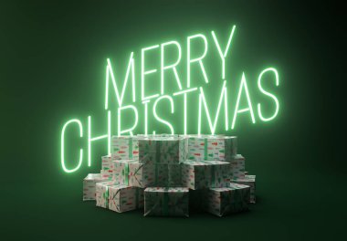A pile of different sized rectangular gift boxes wrapped in festive gift wrap backlit by an illuminated green neon sign saying merry christmas - 3D render