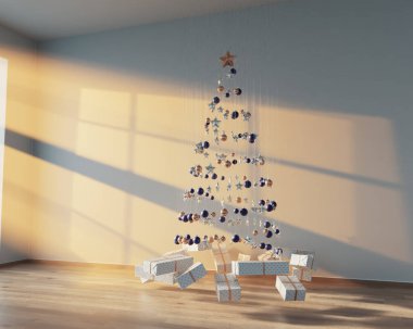 A concept of a collection of hanging christmas decorations making the shape of a tree with suspended wrapped gifts underneath in sunlight - 3D render