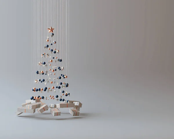 Концепция Коллекции Рождественских Украшений Создающих Форму Дерева Подвесными Завернутыми Подарками — стоковое фото