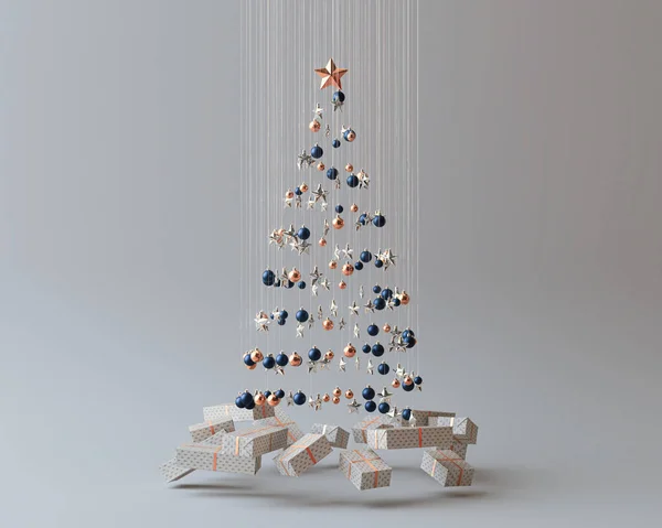 Концепция Коллекции Рождественских Украшений Создающих Форму Дерева Подвесными Завернутыми Подарками — стоковое фото