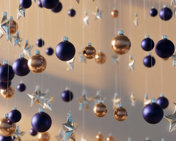 Collection Hanging Christmas Decorations Baubels Stars Interior Background Render — 图库照片