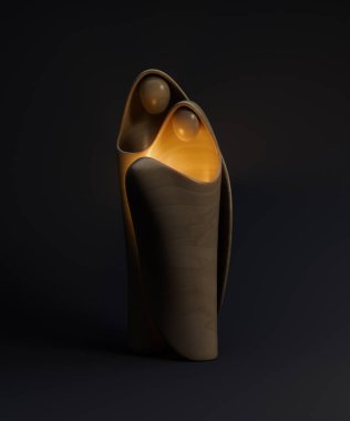 An abstract stylized wood carving depicting a christian christmas nativity scene featuring mary, joseph and baby jesus as an illuminating light - 3D render
