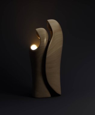 An abstract stylized wood carving depicting a christian christmas nativity scene featuring mary, joseph and baby jesus as an illuminating light - 3D render
