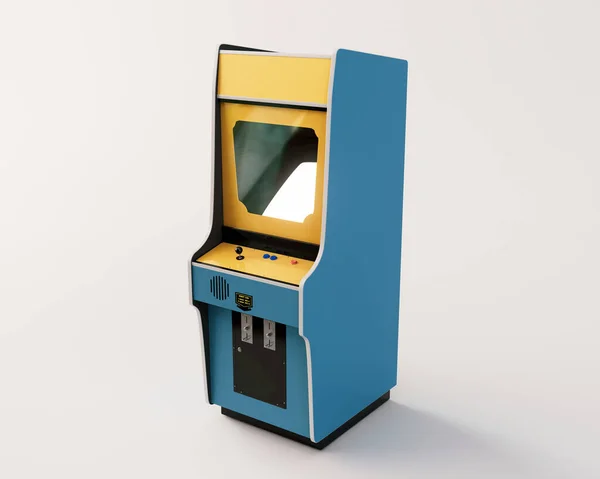 A vintage red unbranded arcade machine with controls and buttons and a blank screen on an isolated white background - 3D render