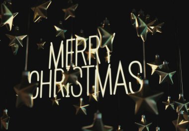 A collection of silver christmas star shaped decorations surrounding an illuminated neon sign saying merry christmas on an isolated background - 3D render