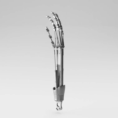 A skeleton like mechanical robotic arm made of steel on a light studio background - 3D render
