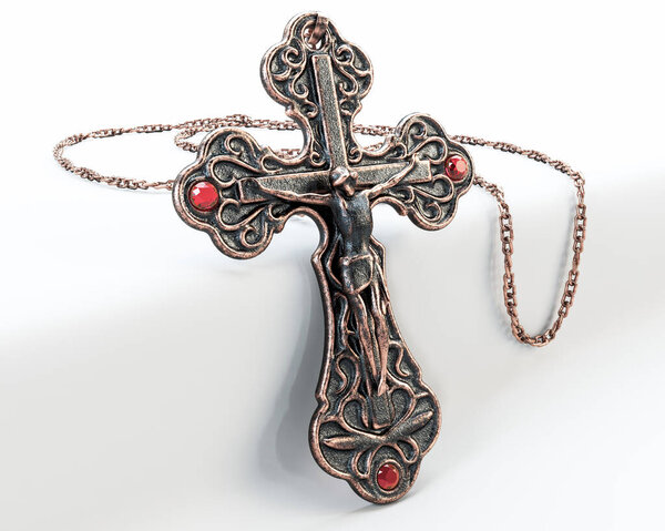 A closeup of an ornate brass antique rosary chain necklace with a crucifix draped on an isolated white background - 3D render