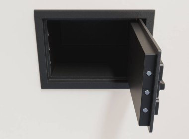 An opened digital wall safe set into a white wall background - 3D render