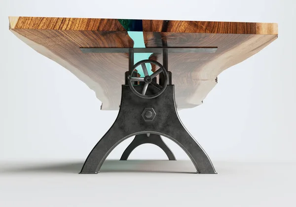 一个带有可调金属腿和带有蓝色树脂镶嵌在孤立的工作室背景上的天然木制板坯表面的会议室桌子 3D渲染 — 图库照片