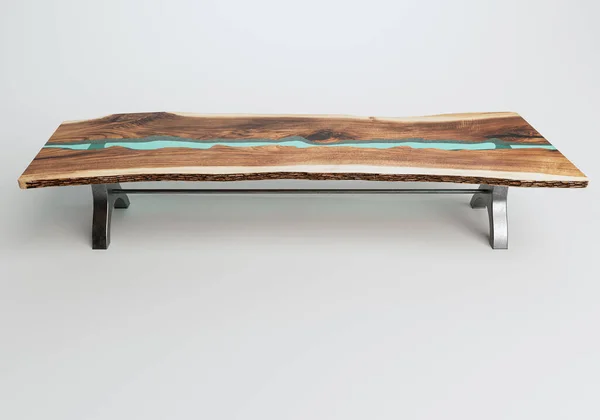 調節可能な金属製の脚を持つ会議室テーブルと 独立したスタジオ背景に青色の樹脂インレイを持つ天然木のスラブ表面 3Dレンダリング — ストック写真