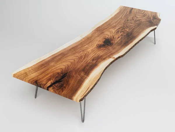 在独立的工作室背景上 一个带有金属腿和天然木板表面的会议室桌子 3D渲染 — 图库照片