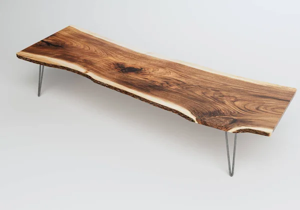 金属製の脚を持つ会議室テーブルと独立したスタジオの背景にある天然木のスラブ表面 3Dレンダリング — ストック写真