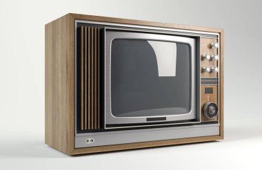 70 'lerden kalma, izole edilmiş beyaz stüdyo arka planında plastik krom ve ahşaptan yapılmış bir konsept klasik televizyon.