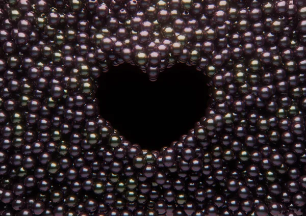 黒い光沢のある真珠の配列に囲まれたハート型の空隙が固体背景を形成するために広がっています 3Dレンダリング — ストック写真