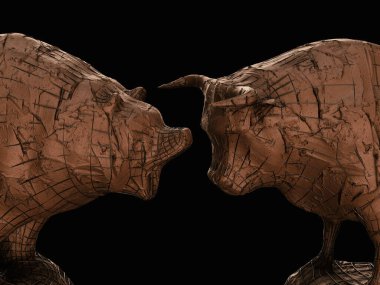 Karşıt finansal pazar eğilimlerini temsil eden koyu renkli dramatik ışıkta bir ayıya karşı çıkan bir boğayı tasvir eden iki kaba kil ve demir takviyeli heykel - 3D