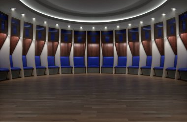 Yarı daire şeklinde odalardan yapılmış bir spor soyunma odası ve ahşap döşeme üzerinde yastıklı koltuklar.