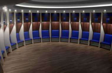 Yarı daire şeklinde odalardan yapılmış bir spor soyunma odası ve ahşap döşeme üzerinde yastıklı koltuklar.