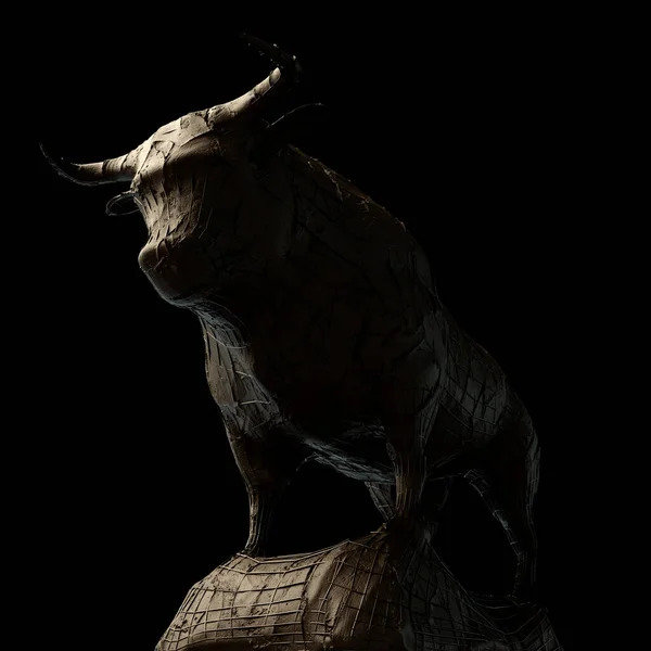 Grov Lera Och Järnförstärkt Skulptur Föreställande Tjur Mörkt Dramatiskt Ljus — Stockfoto