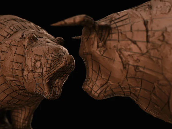 两个粗糙的粘土和铁质强化雕塑 描绘了一头公牛在黑暗的戏剧性光线下与熊对抗 代表金融市场的相反趋势 3D渲染 — 图库照片